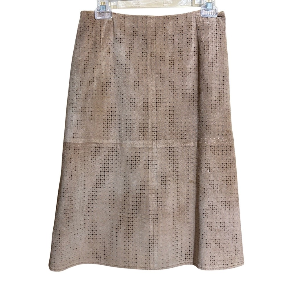 Lillie Rubin Tan Perforated Suede Leather Midi Skirt Vintage A-Line Brown Size 4